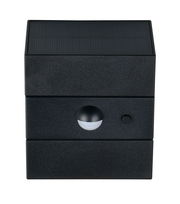 Frontansicht einer LED-Solar-Außenwandleuchte mit Solarpanel und Bewegungssensor.