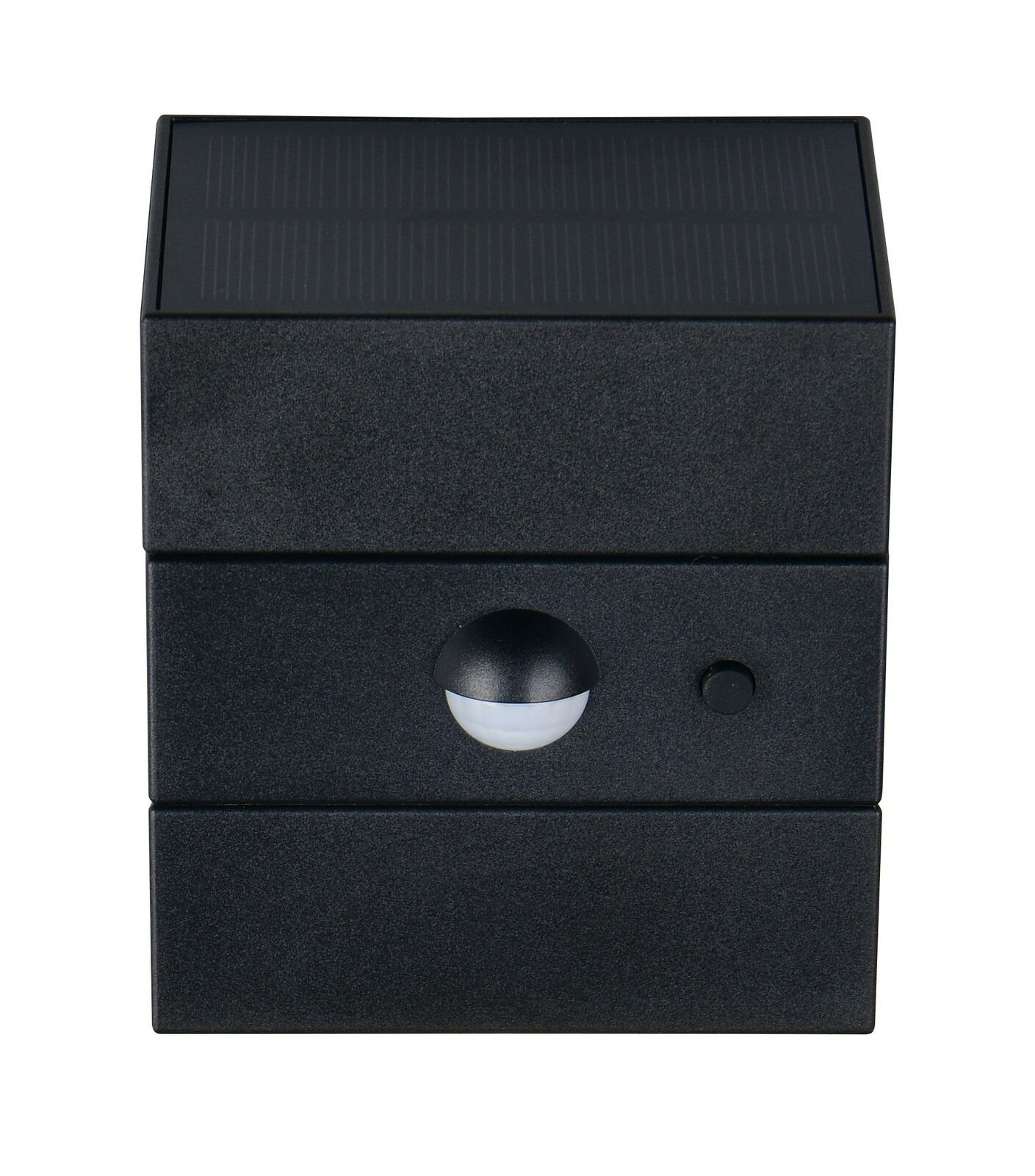 Frontansicht einer LED-Solar-Außenwandleuchte mit Solarpanel und Bewegungssensor.