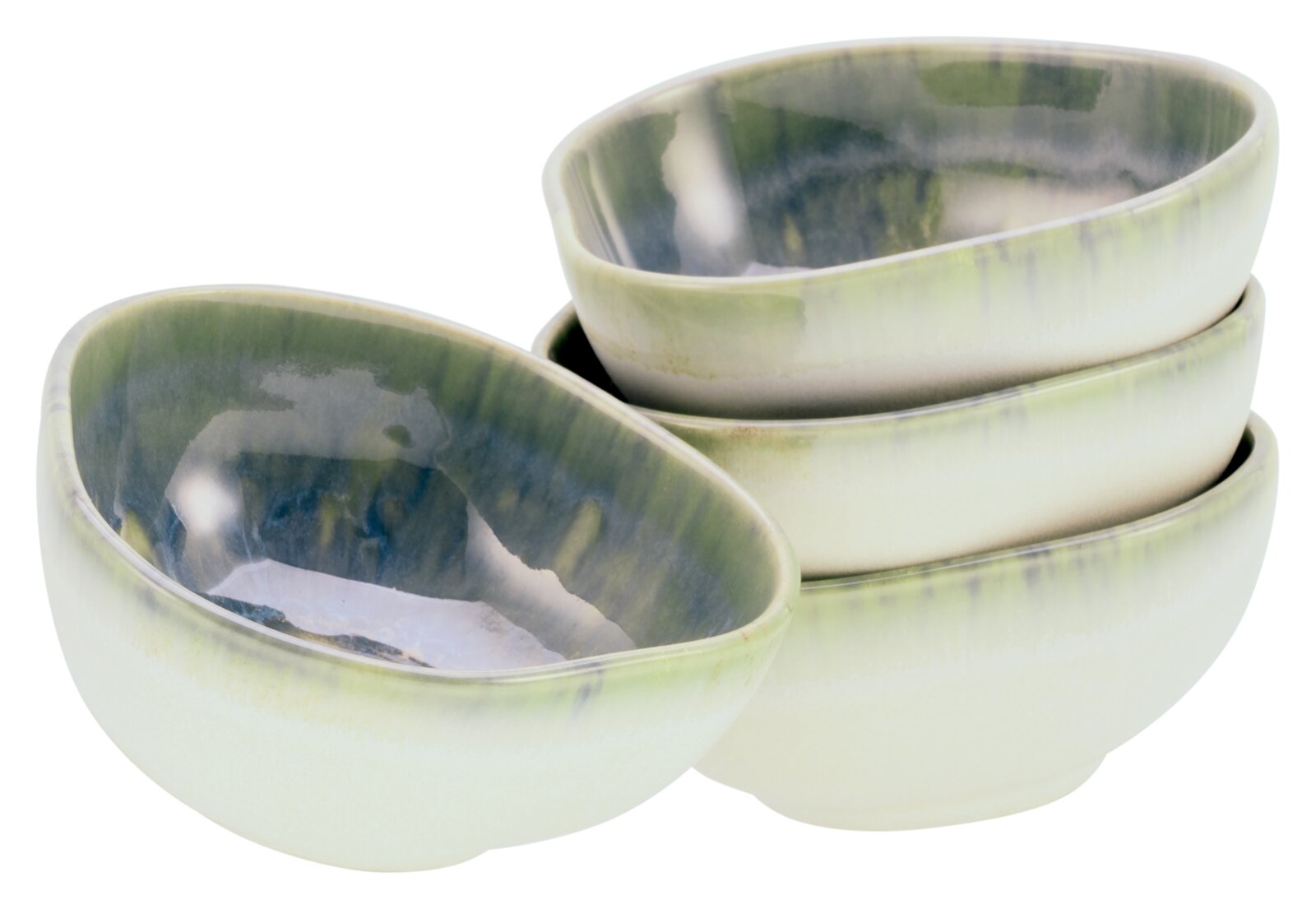 creaTable Dipping Bowl 4-tlg YUKI Drei glasierte Keramikschalen in Grün-Blau, zwei gestapelt und eine davor, aus leicht schräger Seitenansicht vor weißem Hintergrund