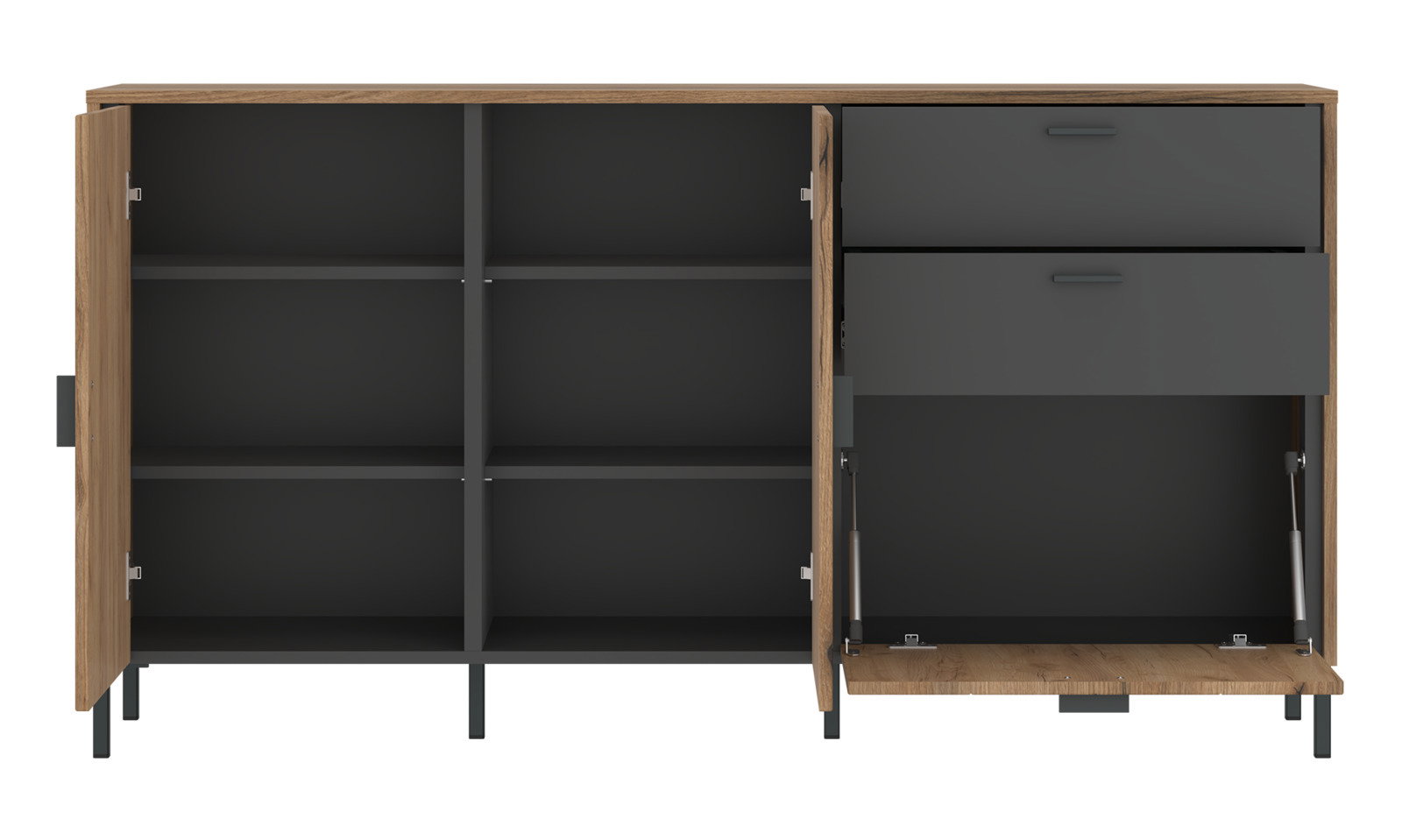 Z2 Sideboard SHIRLEY Frontansicht eines modernen Sideboards mit offenen Türen und Schubladen, Holzoptik mit dunklen Akzenten.