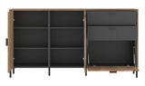 Frontansicht eines modernen Sideboards mit offenen Türen und Schubladen, Holzoptik mit dunklen Akzenten.