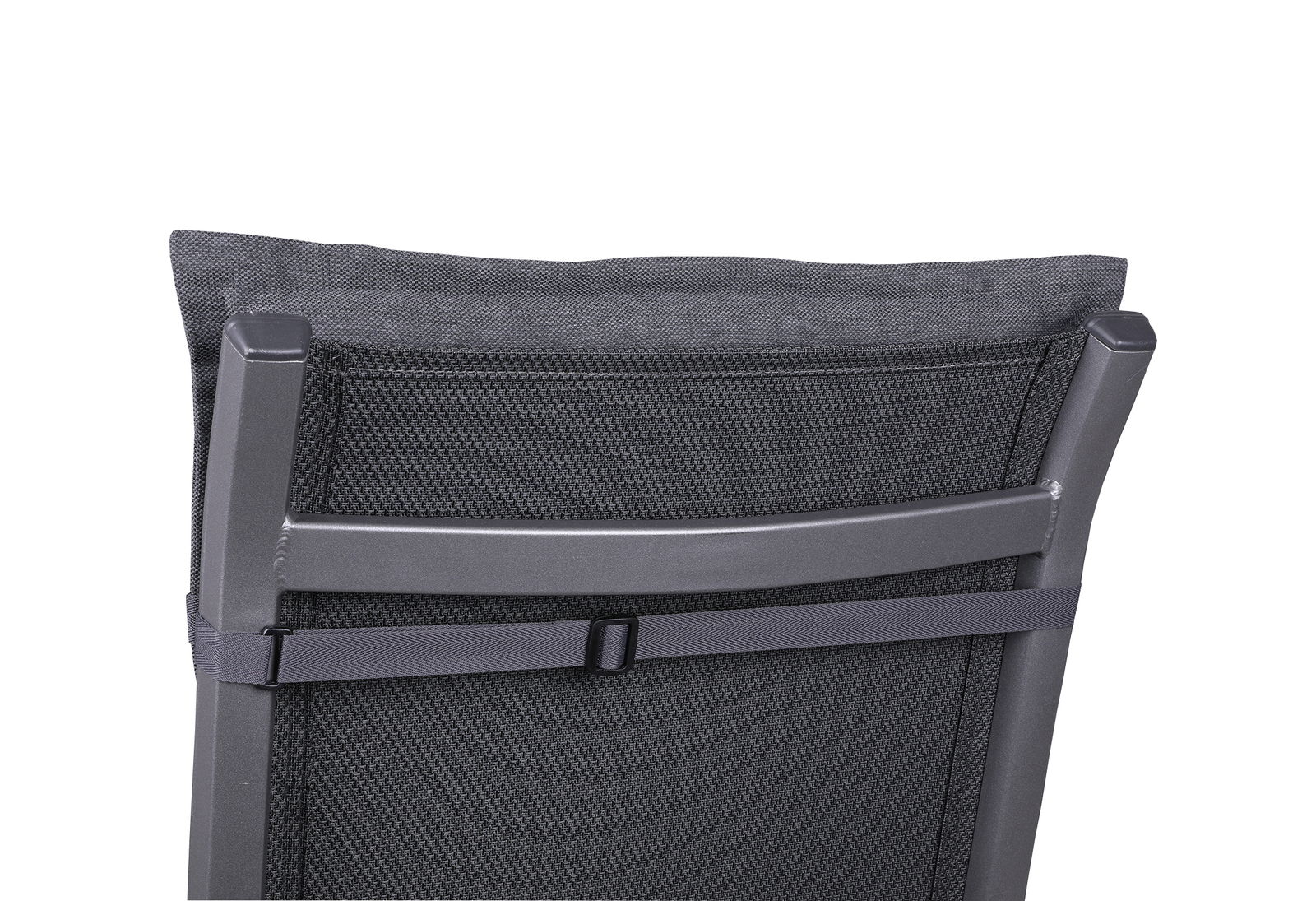 Rückansicht einer grauen Sesselauflage mit Befestigungsband