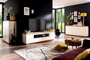Modernes Wohnzimmer mit TV-Lowboard, Highboard und Sideboard in heller Holzoptik, seitliche Perspektive