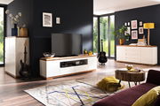 Modernes Wohnzimmer mit TV-Lowboard, Highboard und Sideboard in heller Holzoptik, seitliche Perspektive