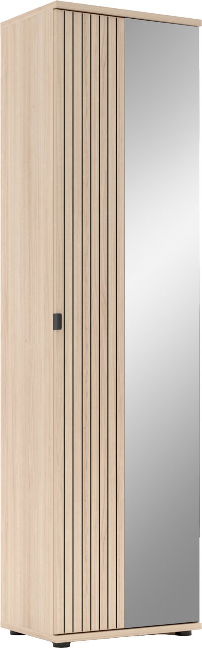 XORA Garderobenschrank PISA Hoher Kleiderschrank in heller Holzoptik mit vertikaler Lamellenfront und großer Spiegeltür, schwarzem Griff und Füßen, freigestellt auf weißem Hintergrund, Ansicht schräg von vorne