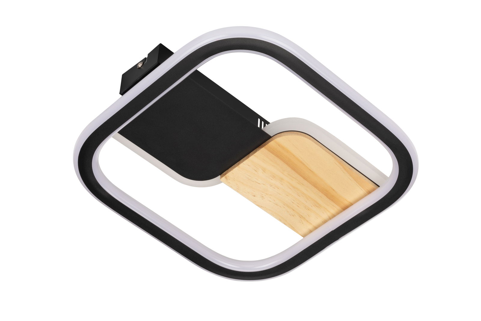 Moderne LED-Deckenleuchte mit quadratischem Design, Holz- und Metallelementen, seitliche Perspektive