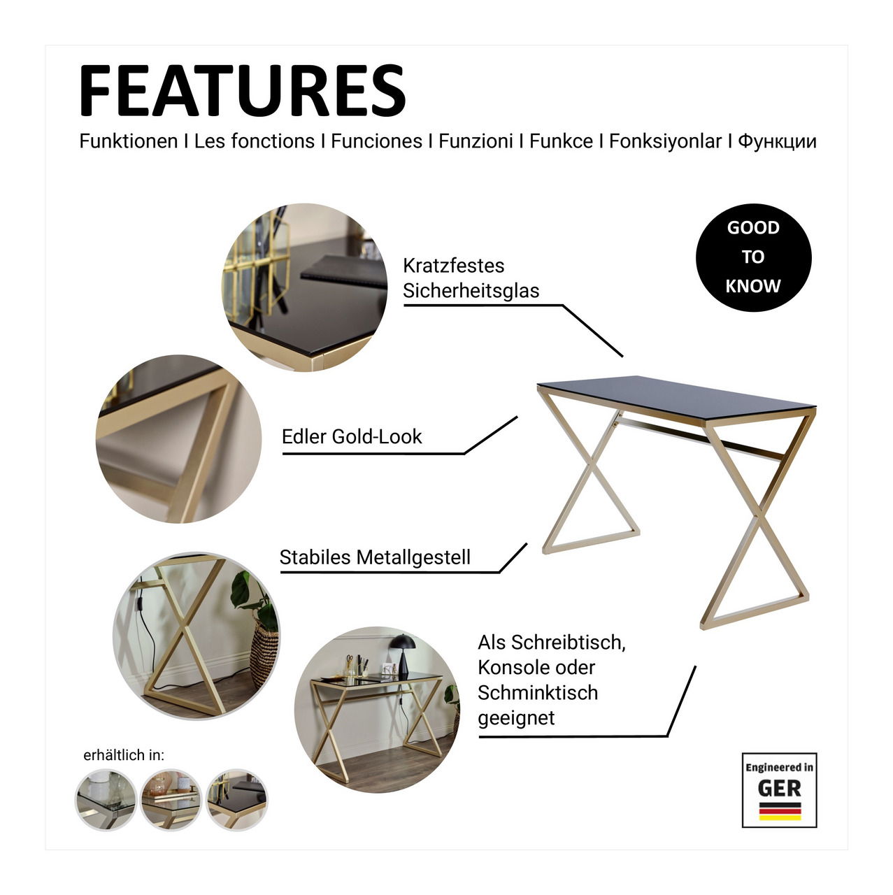 Moderner Schreibtisch mit kratzfestem Sicherheitsglas, edlem Gold-Look und stabilem Metallgestell, geeignet als Schreibtisch, Konsole oder Schminktisch. Perspektive: seitliche Ansicht.