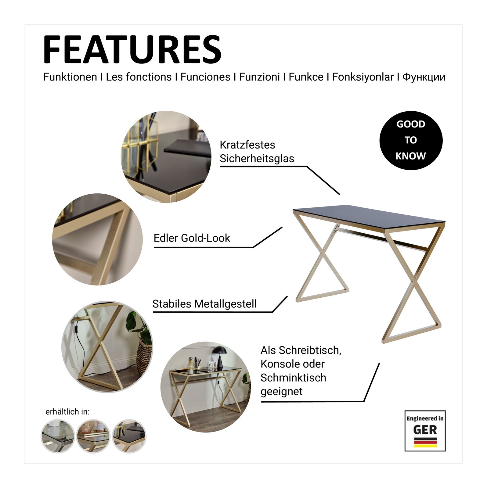 Moderner Schreibtisch mit kratzfestem Sicherheitsglas, edlem Gold-Look und stabilem Metallgestell, geeignet als Schreibtisch, Konsole oder Schminktisch. Perspektive: seitliche Ansicht.