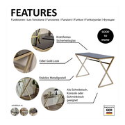 Moderner Schreibtisch mit kratzfestem Sicherheitsglas, edlem Gold-Look und stabilem Metallgestell, geeignet als Schreibtisch, Konsole oder Schminktisch. Perspektive: seitliche Ansicht.