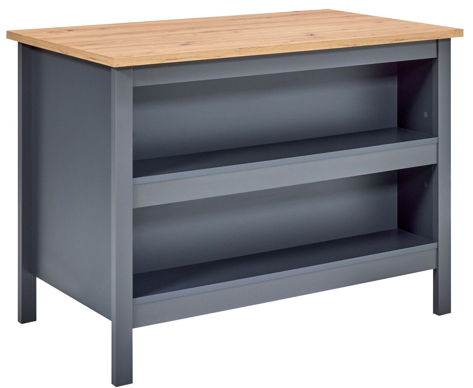 Kücheninsel mit grauem Korpus und Holzarbeitsplatte, seitliche Perspektive