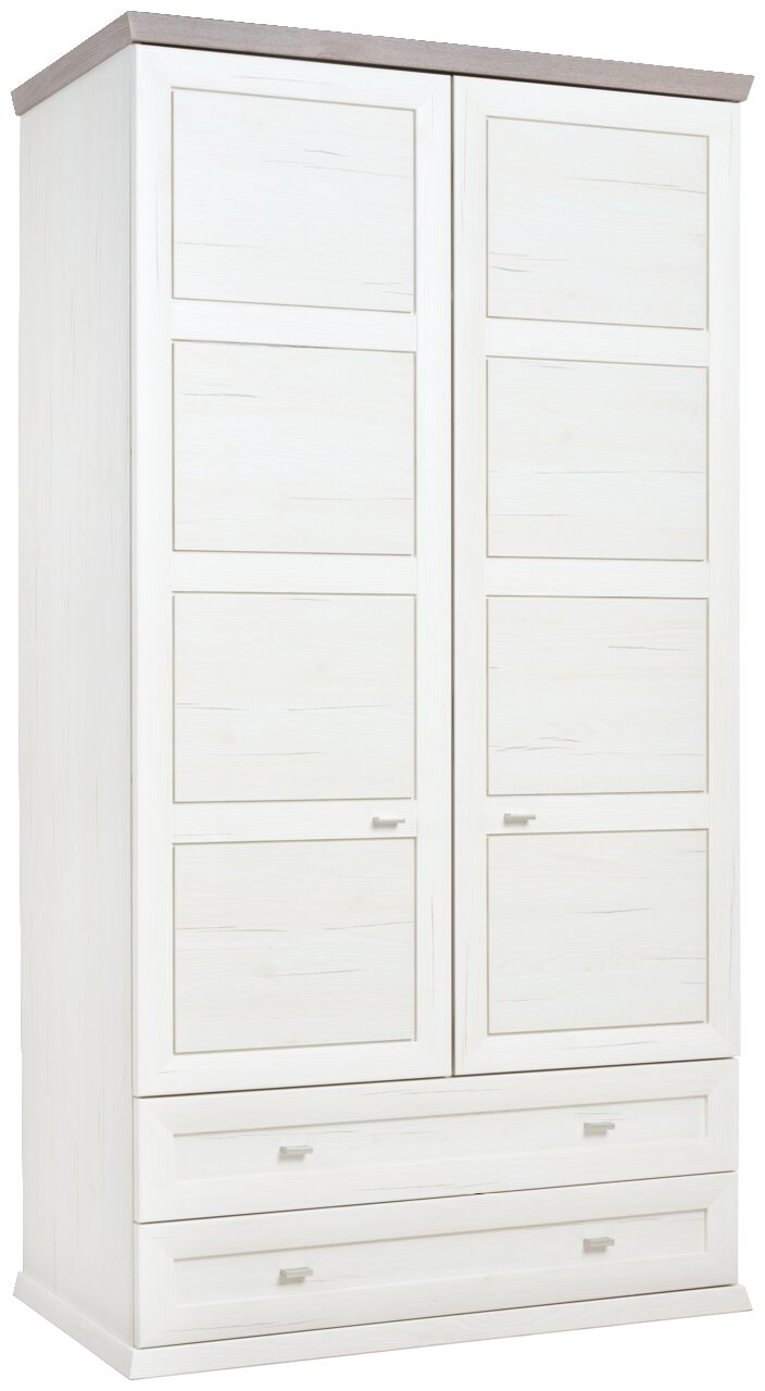 Weißer XL-Garderobenschrank mit zwei Türen und zwei Schubladen, seitliche Perspektive
