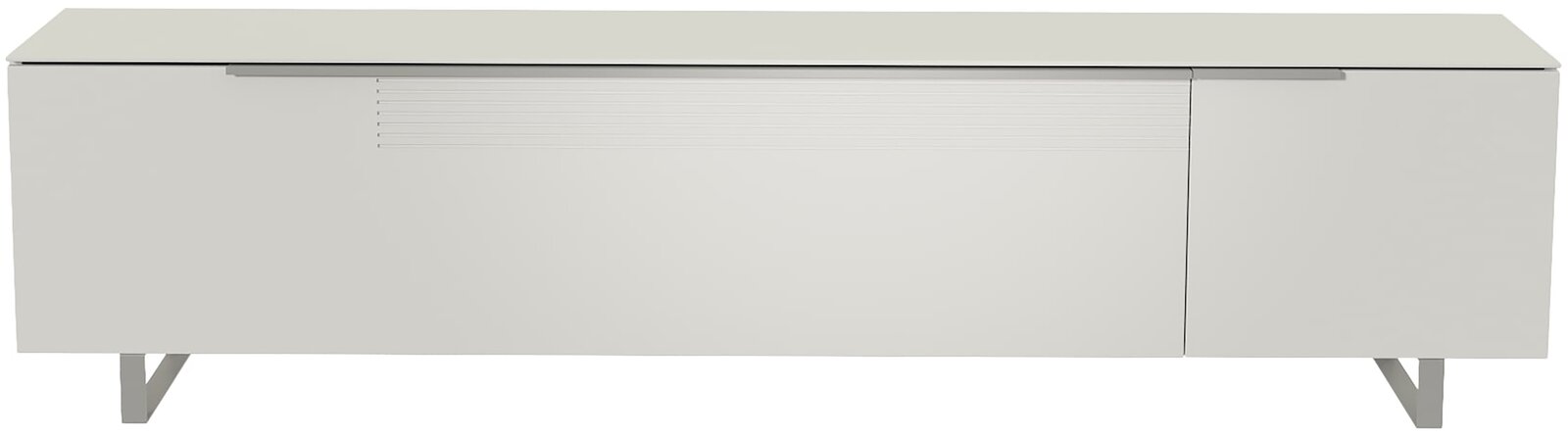 Frontansicht eines modernen weißen XL TV-Lowboards mit klaren Linien und minimalistischen Design.