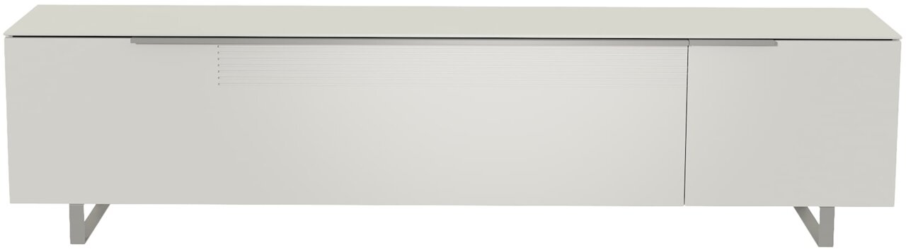 Frontansicht eines modernen weißen XL TV-Lowboards mit klaren Linien und minimalistischen Design.