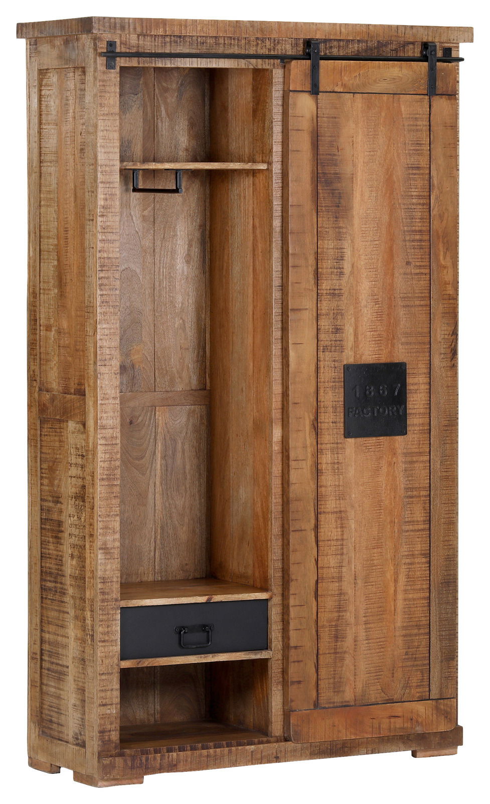 Rustikaler Garderobenschrank aus Holz mit Schiebetür, seitlicher Perspektive. Enthält ein offenes Fach mit Regal und Schublade.
