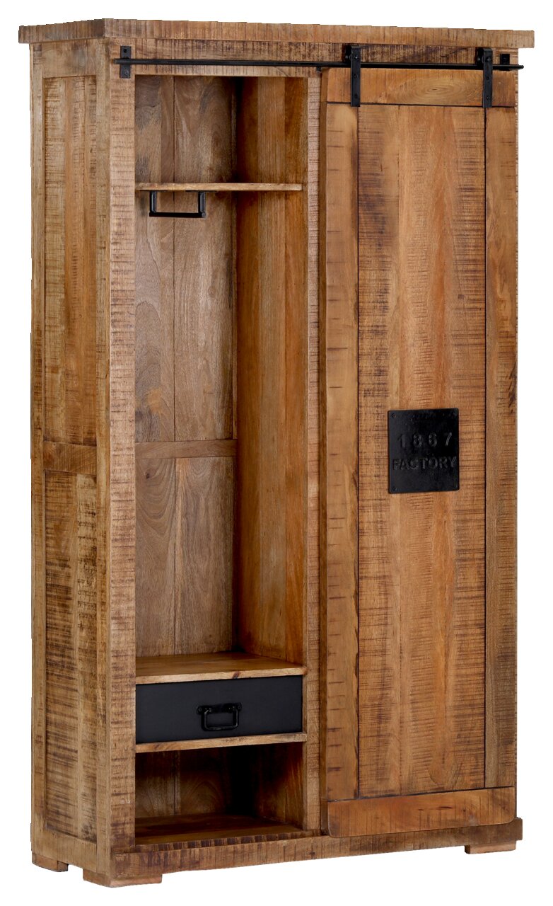 Rustikaler Garderobenschrank aus Holz mit Schiebetür, seitlicher Perspektive. Enthält ein offenes Fach mit Regal und Schublade.