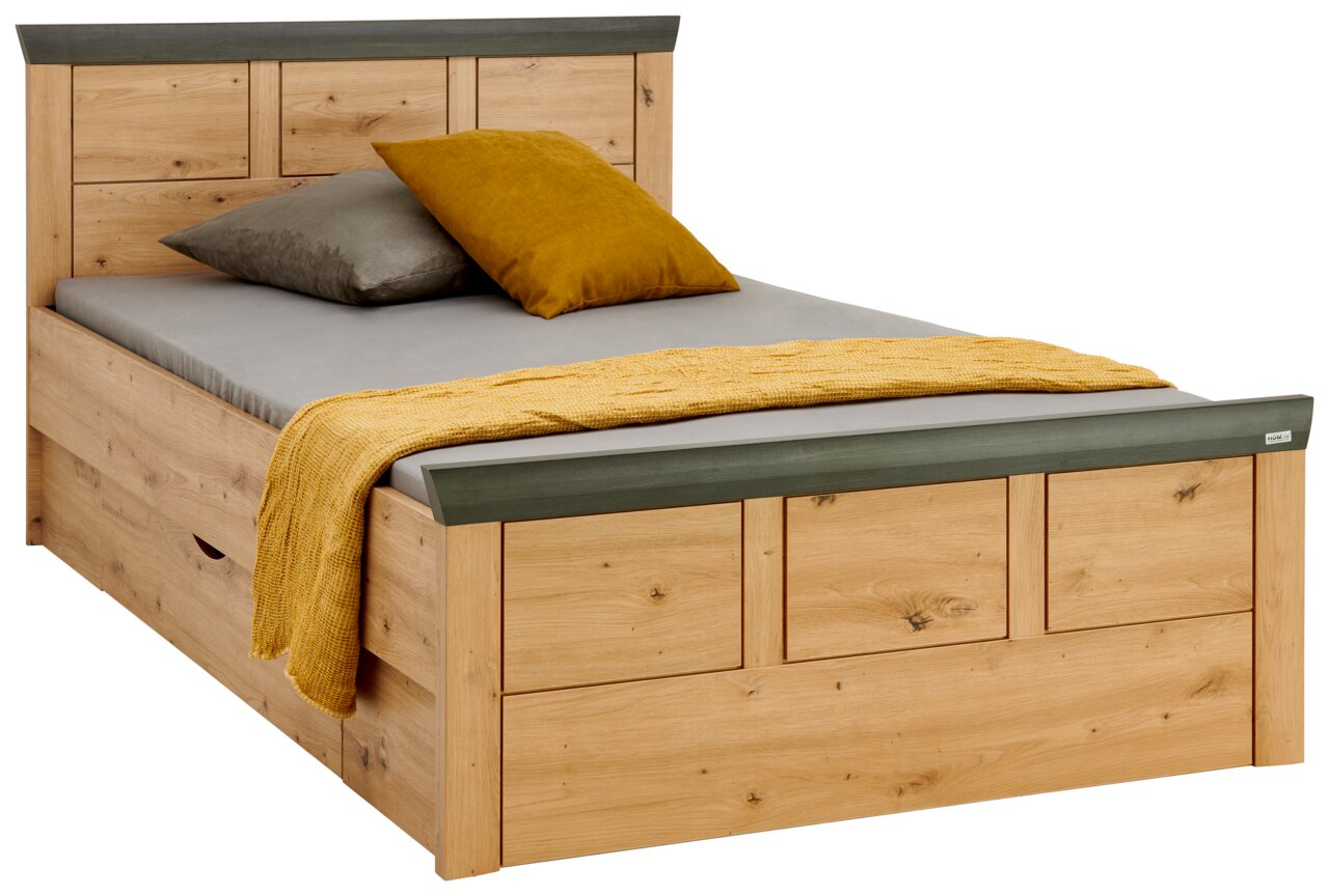 Holzbett mit Stauraum, Kopf- und Fußteil in dunklem Holzton, seitliche Perspektive