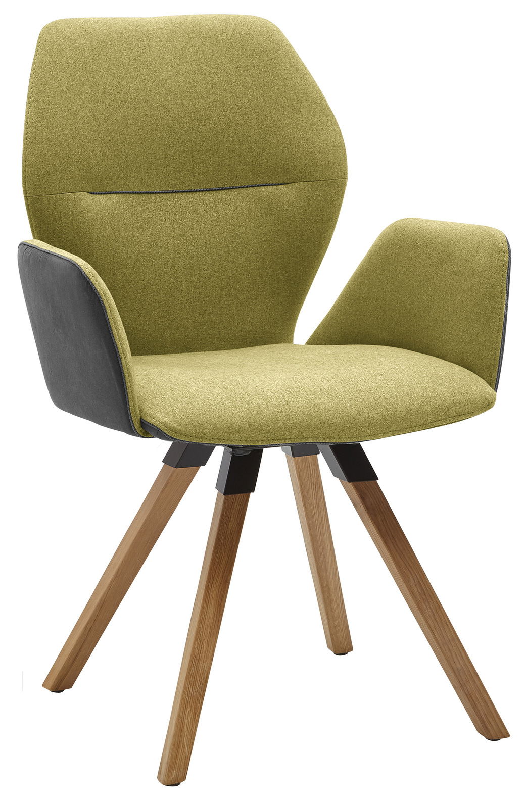 Moderner Armlehnenstuhl mit olivgrünem Stoffbezug und Holzbeinen, seitliche Perspektive