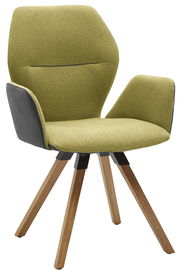 Moderner Armlehnenstuhl mit olivgrünem Stoffbezug und Holzbeinen, seitliche Perspektive