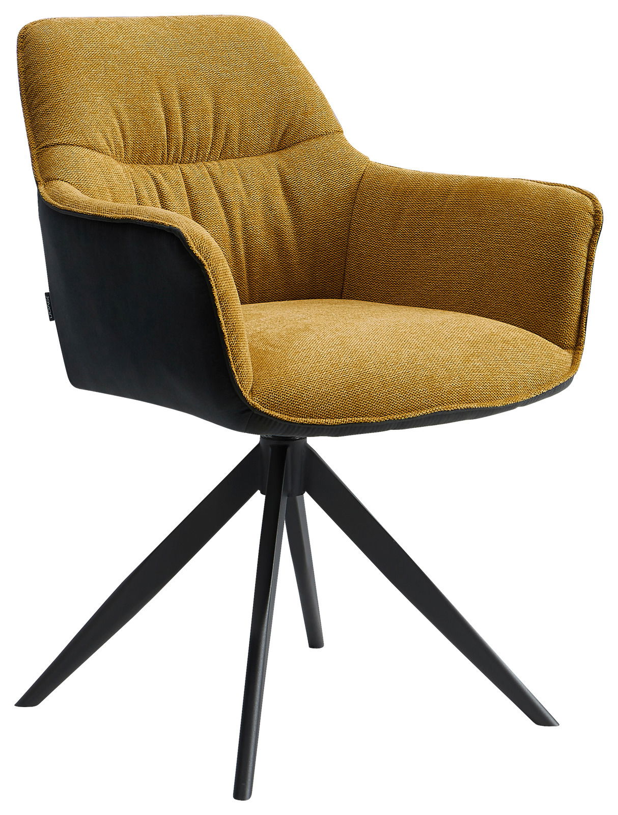 Moderner Sessel der Serie AKITA in senfgelbem Stoff mit schwarzen Metallbeinen, seitliche Perspektive.