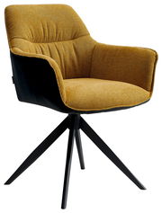 Moderner Sessel der Serie AKITA in senfgelbem Stoff mit schwarzen Metallbeinen, seitliche Perspektive.