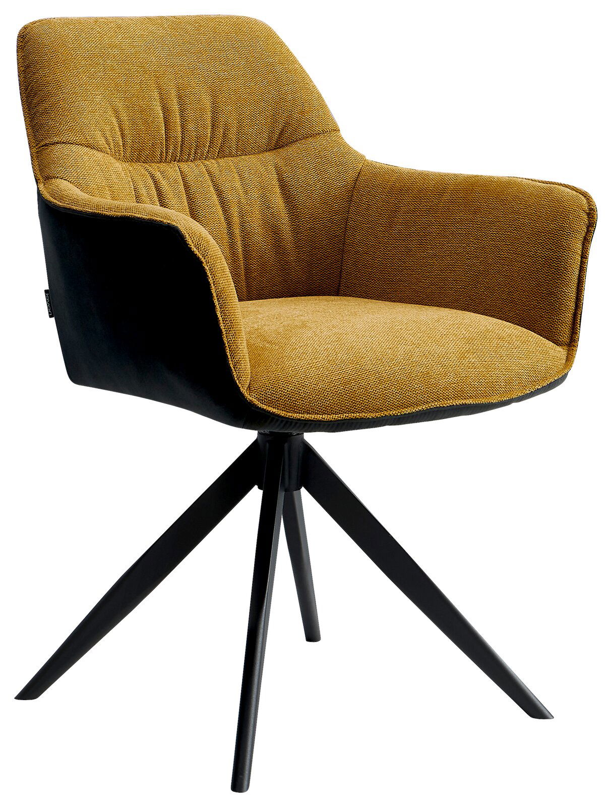 Novel Sessel AKITA Moderner Sessel der Serie AKITA in senfgelbem Stoff mit schwarzen Metallbeinen, seitliche Perspektive.