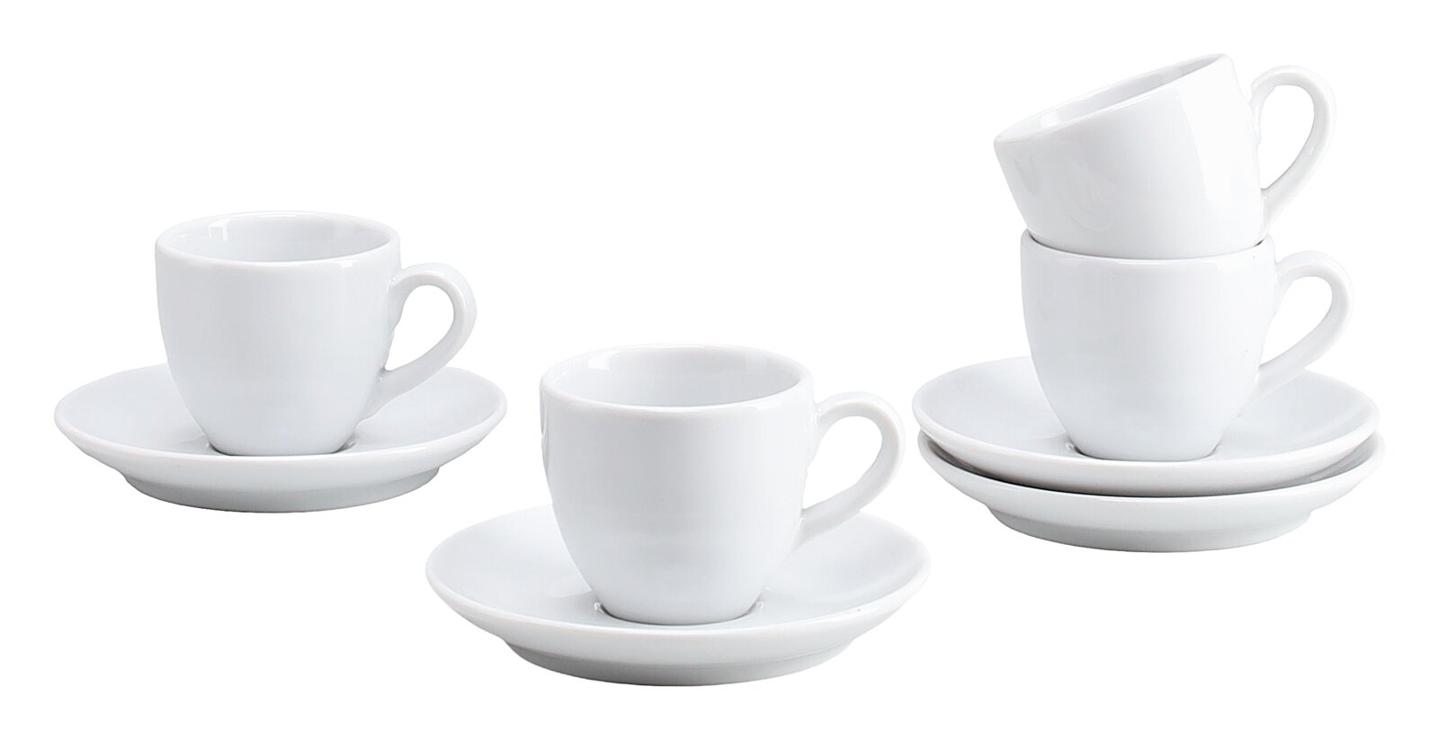 Weiße Espressotassen mit Untertassen im Set, Produktfoto in leicht seitlicher Frontansicht vor weißem Hintergrund