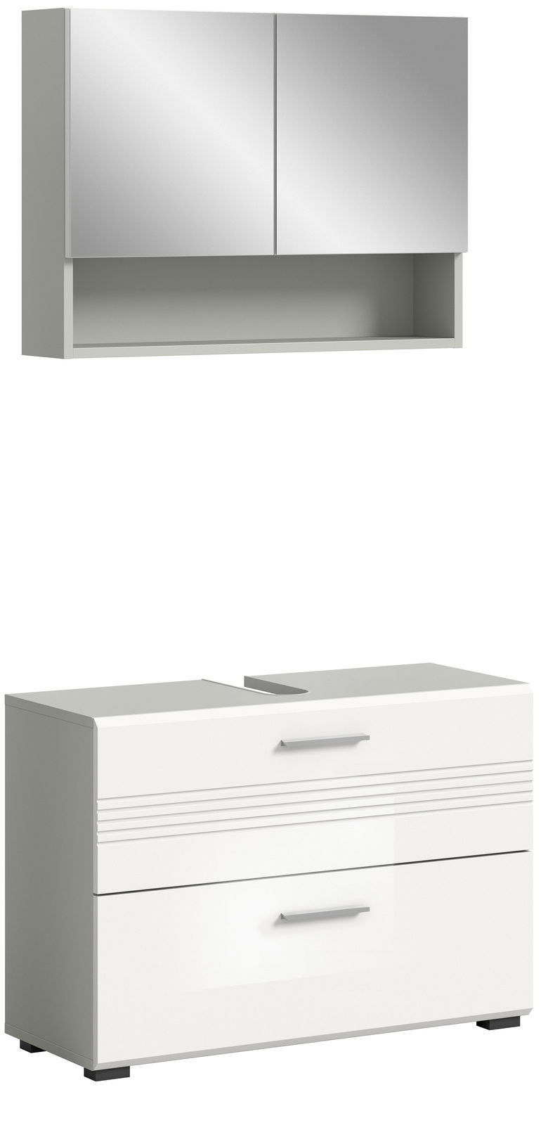 MID.YOU Badkombination COPA Moderne Badkombination mit Spiegelschrank und Unterschrank in weißer Hochglanzoptik, seitliche Perspektive