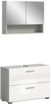 Moderne Badkombination mit Spiegelschrank und Unterschrank in weißer Hochglanzoptik, seitliche Perspektive