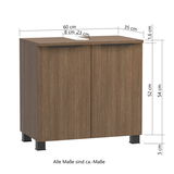 Waschbeckenunterschrank in Holzoptik mit zwei Türen, Maße ca. 60 cm Breite, 35 cm Tiefe, 54 cm Höhe, Frontansicht