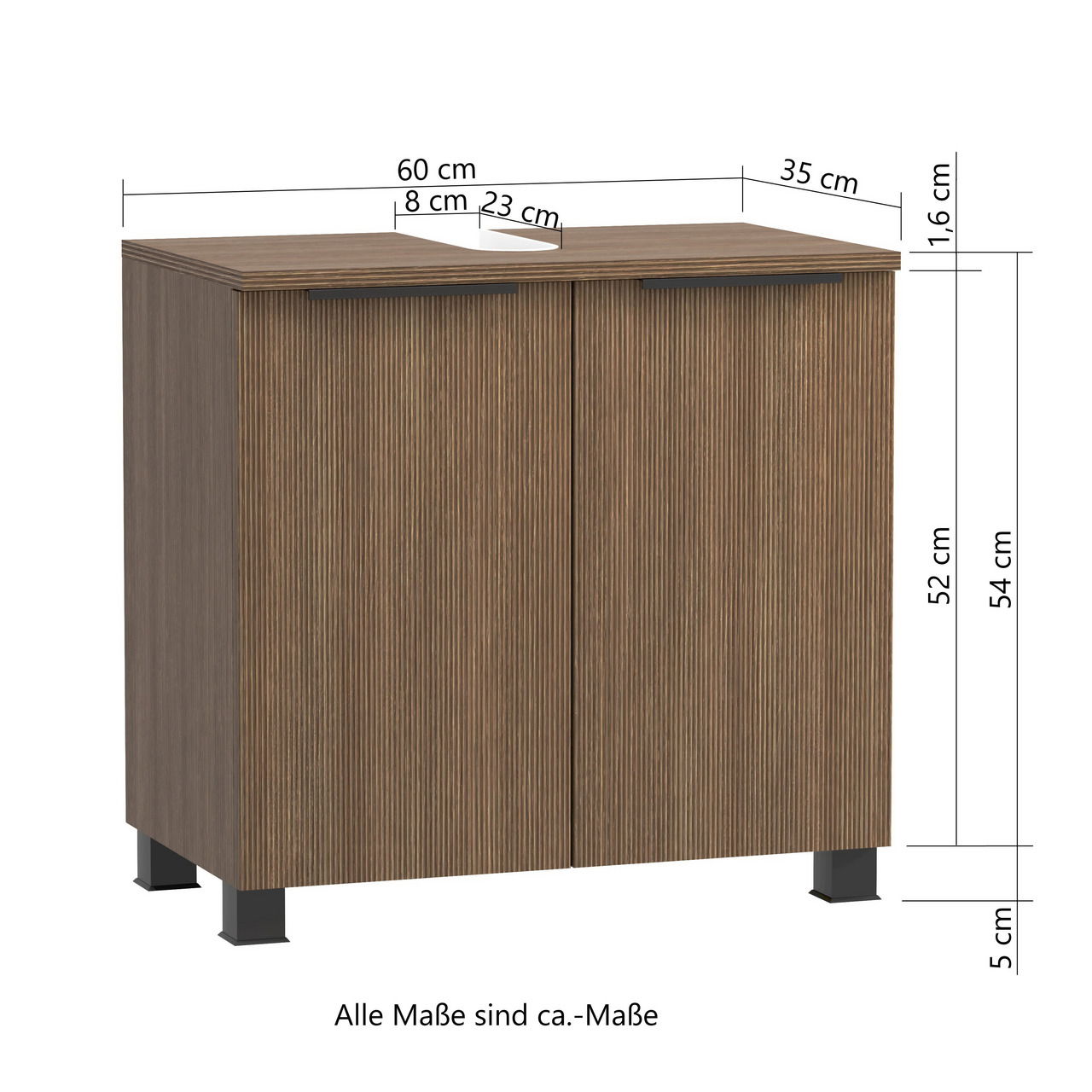 Waschbeckenunterschrank in Holzoptik mit zwei Türen, Maße ca. 60 cm Breite, 35 cm Tiefe, 54 cm Höhe, Frontansicht