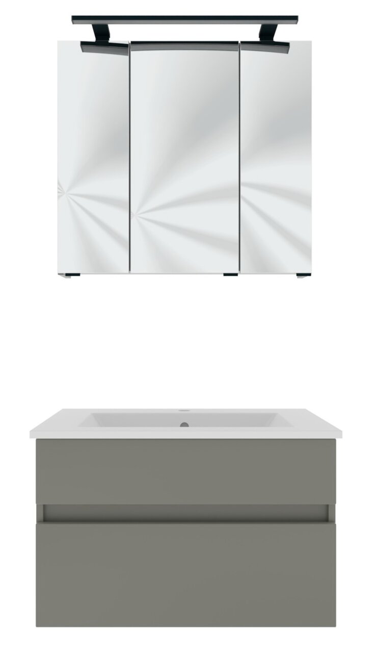 Moderner Badblock mit Spiegelschrank und Waschbeckenunterschrank, Frontalansicht