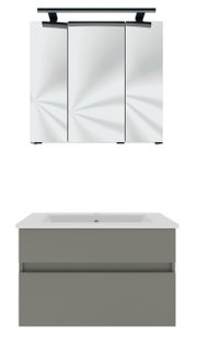 Moderner Badblock mit Spiegelschrank und Waschbeckenunterschrank, Frontalansicht