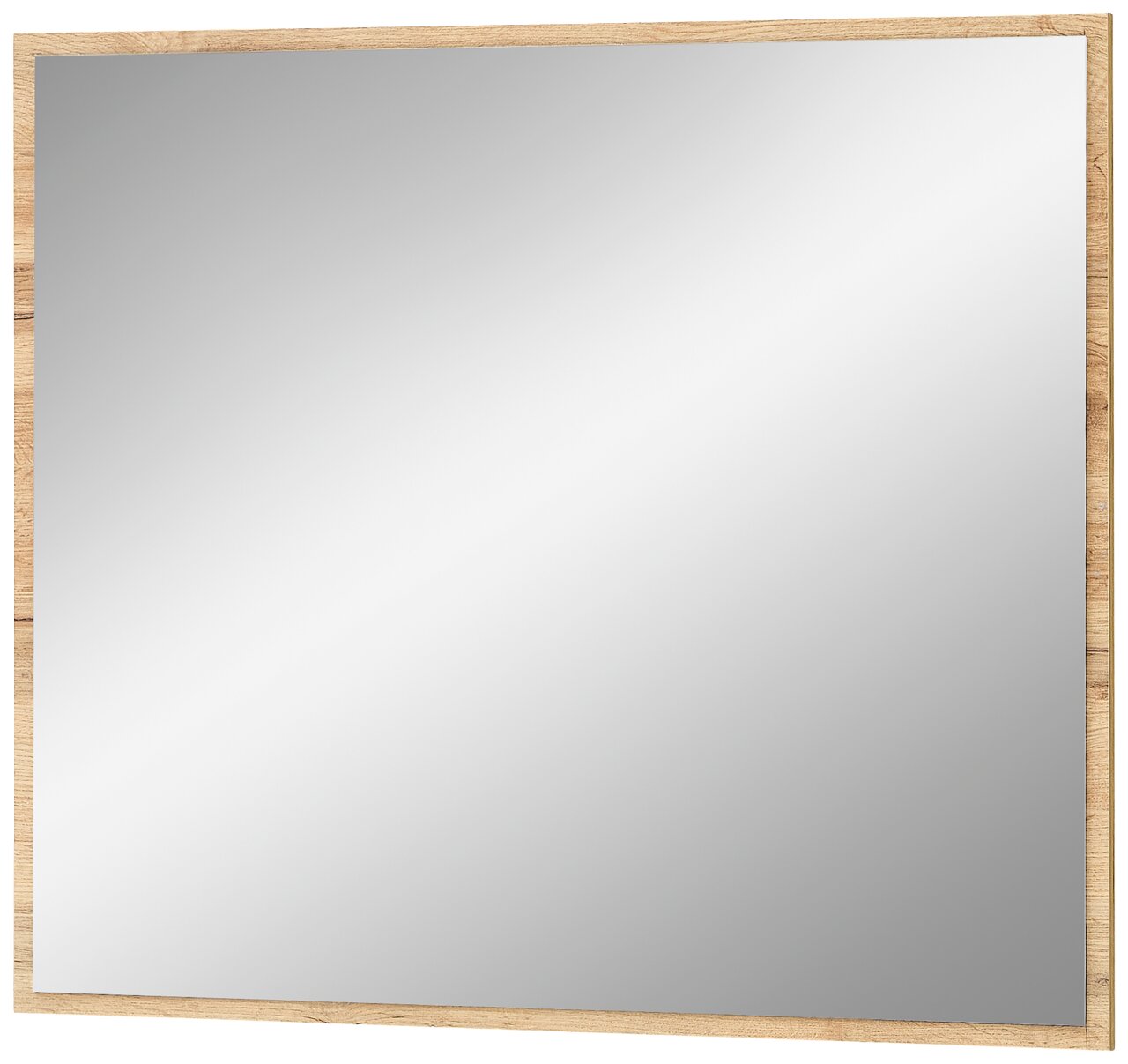 Moderner quadratischer Spiegel mit Holzrahmen, leicht schräg von vorne betrachtet.