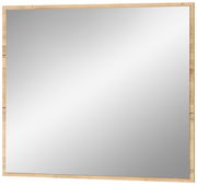 Moderner quadratischer Spiegel mit Holzrahmen, leicht schräg von vorne betrachtet.