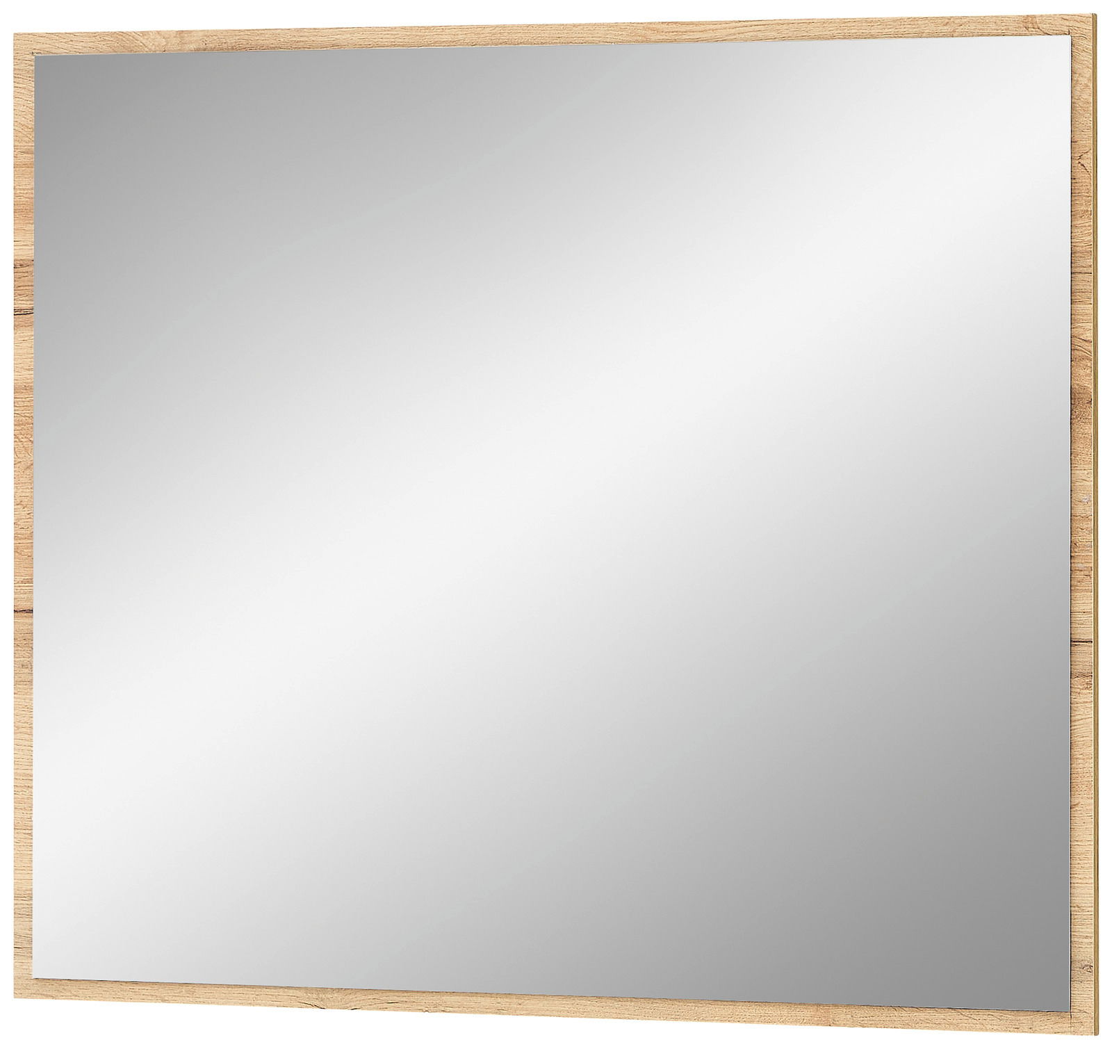 Moderner quadratischer Spiegel mit Holzrahmen, leicht schräg von vorne betrachtet.