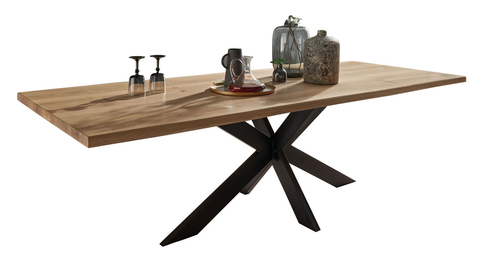 Moderner Esstisch aus Holz mit X-förmigem Metallgestell, seitliche Perspektive