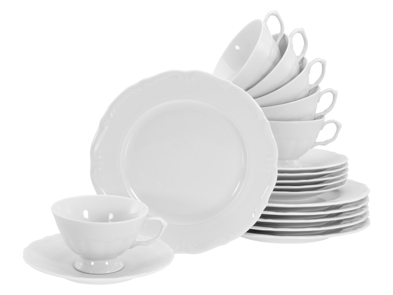 creaTable Kaffeeservice 18-tlg MARIA THERESIA Elegantes weißes Kaffeeservice 18-teilig, bestehend aus Tassen, Untertassen und Tellern, in seitlicher Perspektive.