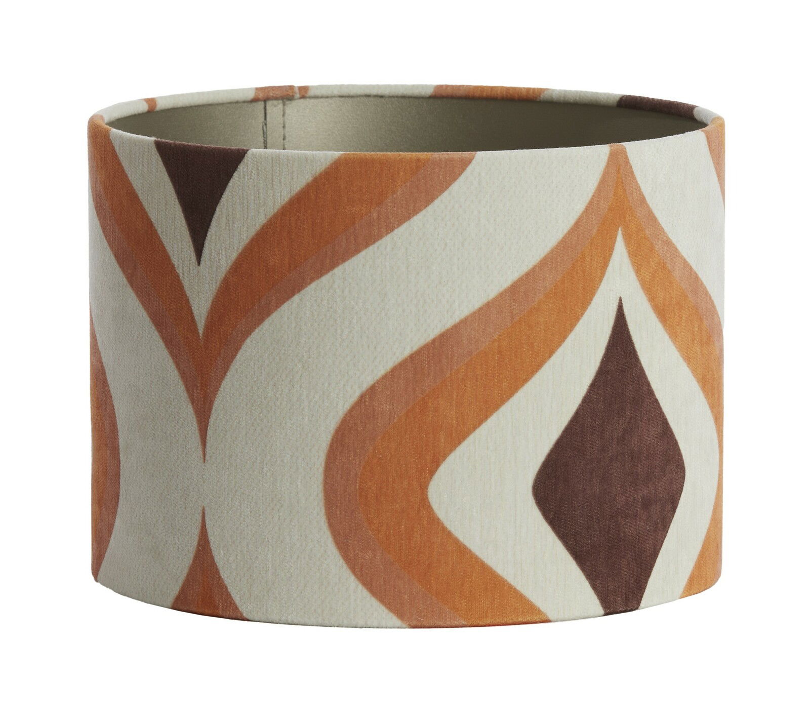 Zylindrischer Lampenschirm mit retro-orangenem und braunem Muster, seitliche Perspektive
