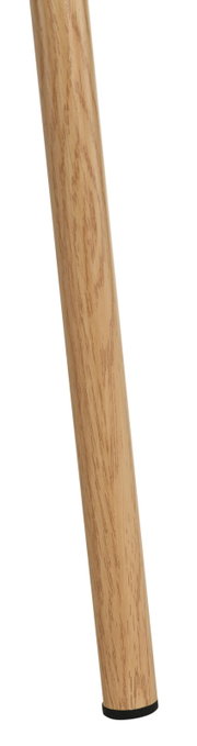 Nahaufnahme eines runden Holzstabs mit natürlicher Maserung und schwarzer Endkappe, schräg von der Seite auf weißem Hintergrund fotografiert