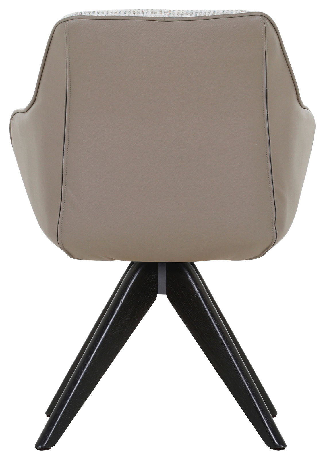 Rückansicht eines Armlehnstuhls mit beigem Bezug und dunklen Holzbeinen.