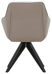 Rückansicht eines Armlehnstuhls mit beigem Bezug und dunklen Holzbeinen.