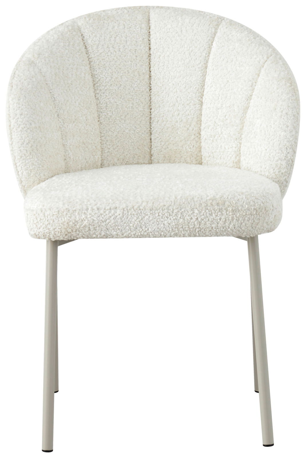 Frontalansicht eines weißen Armlehnstuhls mit weicher Polsterung und schlichten Metallbeinen.