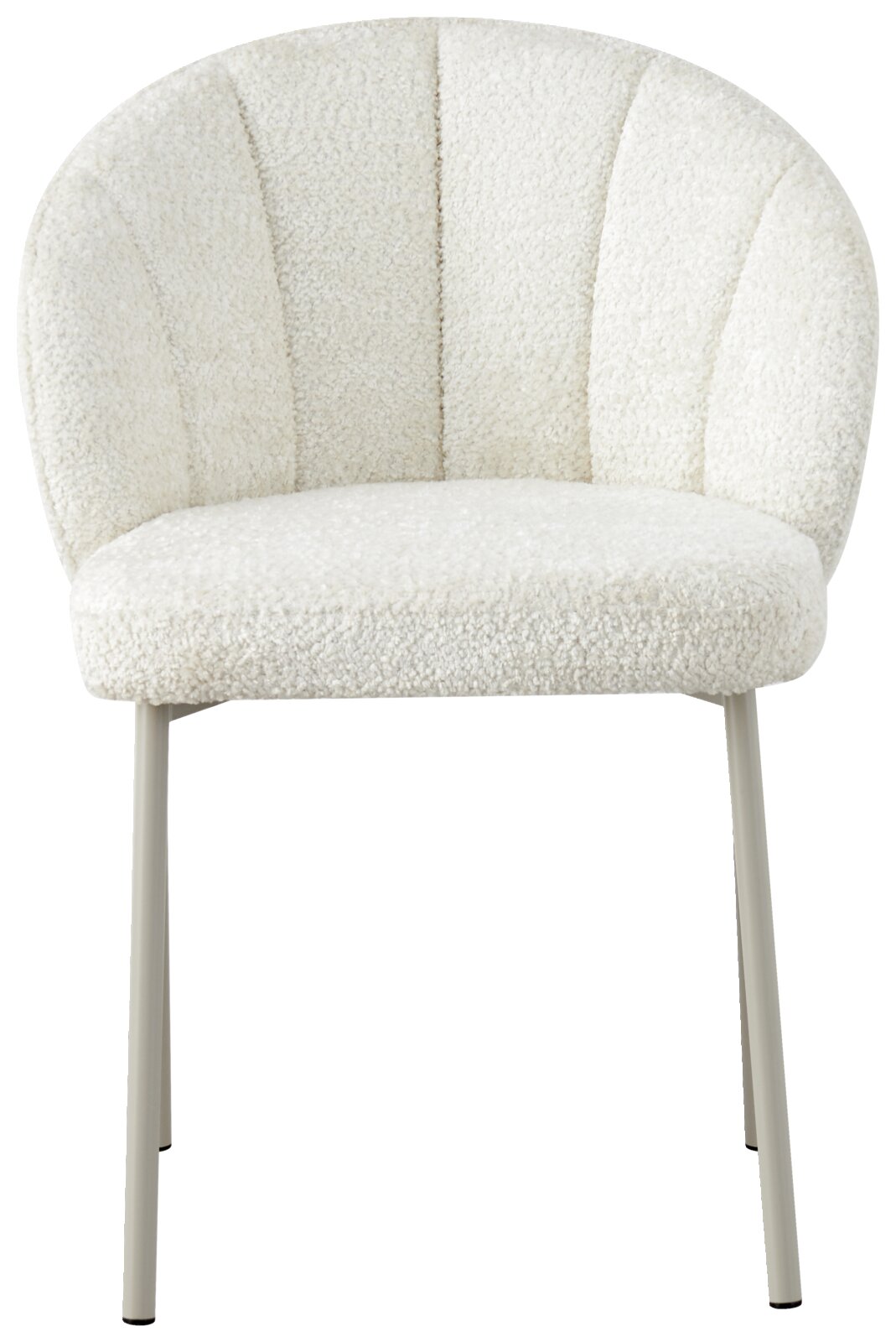 Frontalansicht eines weißen Armlehnstuhls mit weicher Polsterung und schlichten Metallbeinen.