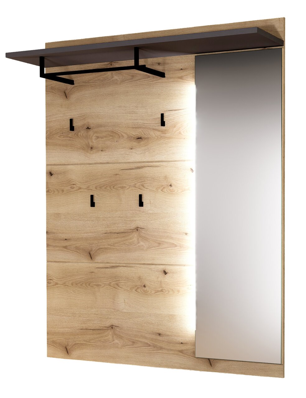 XL-Garderobenpaneel aus Holz mit Spiegel und Haken, seitliche Perspektive