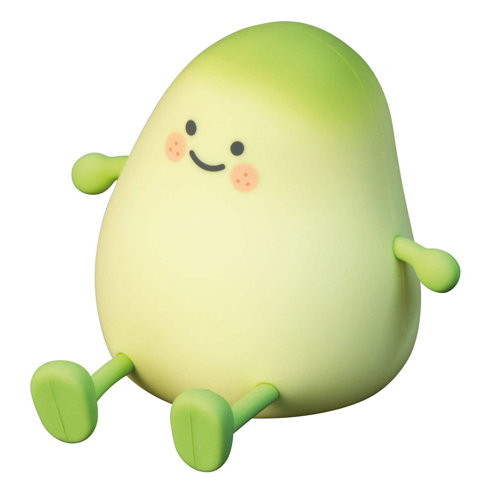 Frontalansicht einer niedlichen, akkubetriebenen Nachtleuchte in Form einer grünen Mango mit Armen und Beinen, lächelndem Gesicht und rosa Wangen.