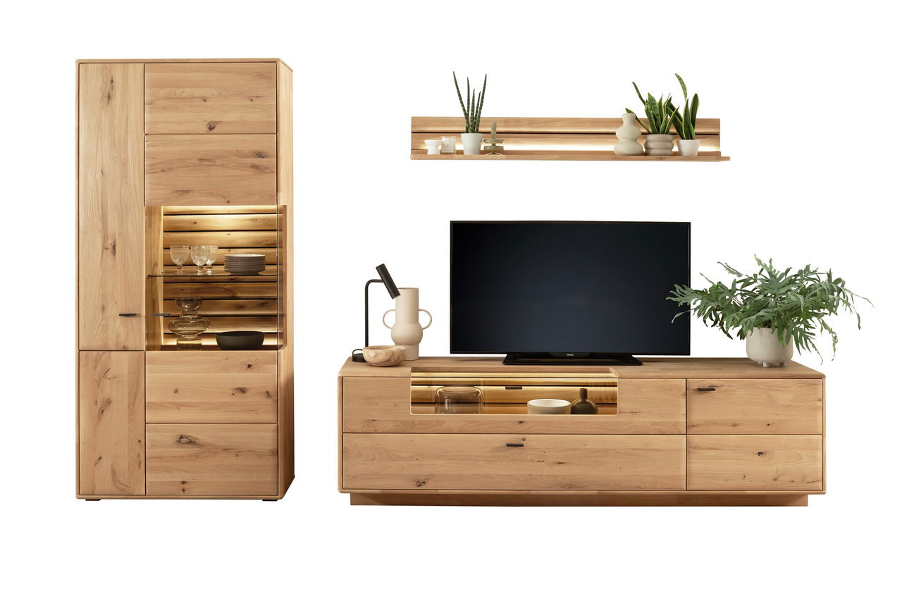 Wandkombination aus Holz mit Vitrine, TV-Schrank und Regal, frontal betrachtet