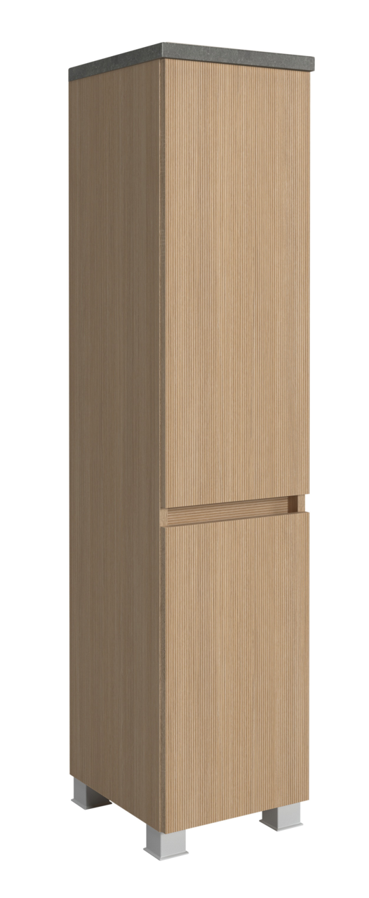 Midischrank 30 cm in Holzoptik mit grauer Oberseite, perspektivische Ansicht von vorne links