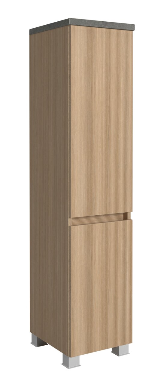 Midischrank 30 cm in Holzoptik mit grauer Oberseite, perspektivische Ansicht von vorne links