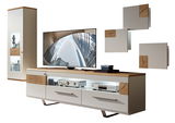 Moderne Wohnwand mit TV-Schrank, Hängeschränken und Vitrine in Holz- und Weißoptik, seitliche Perspektive