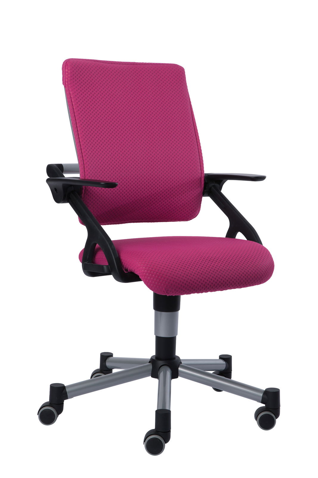 Pinkfarbener Jugenddrehstuhl mit Armlehnen und Rollen, seitliche Perspektive